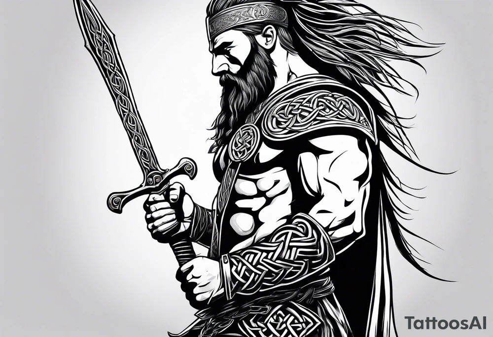 Side full body shot of Celtic warrior with weapon unsheathed. tattoo idea