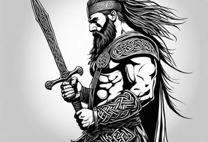 Side full body shot of Celtic warrior with weapon unsheathed. tattoo idea