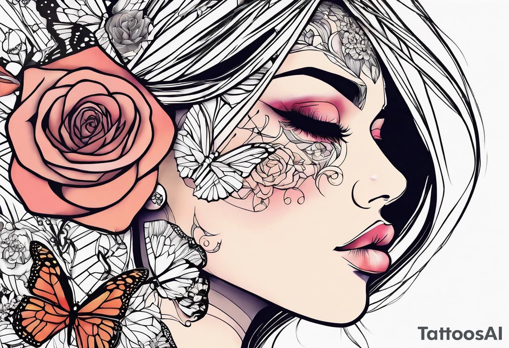 Sunset, rose, butterflies, dragonflies, woman half face with tears tattoo idea