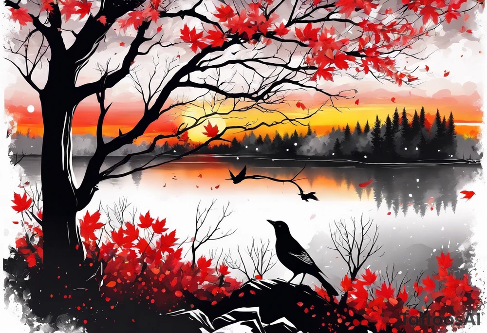 trash polka style. Arm tattoo. Long tattoo. Full sleeve. Shoulder. A single large maple tree with red autumn leaves that branches upwards from wrist to shoulder. White-throated dipper bird on the trees branches. Calluna flowers at the base of the trees stem. Tree stem has dark colors. Red/yellow sunset behind the trees stem. Leaves falling. tattoo idea
