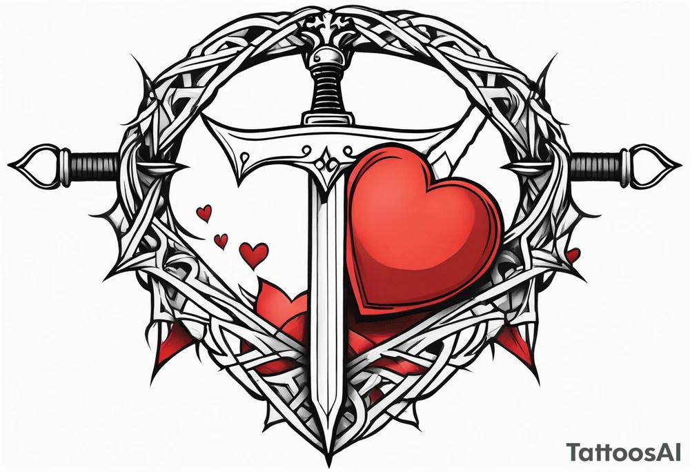 A simple design of a crown of thorns resting on the guard of a sword that is piercing a heart tattoo idea