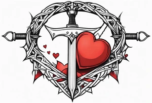 A simple design of a crown of thorns resting on the guard of a sword that is piercing a heart tattoo idea