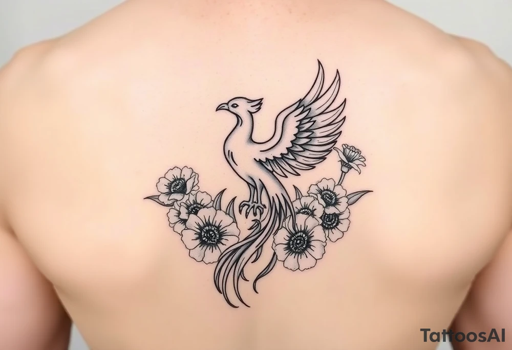 A pheonix rising out of fire surrounded by carnation flowers tattoo idea