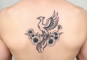 A pheonix rising out of fire surrounded by carnation flowers tattoo idea