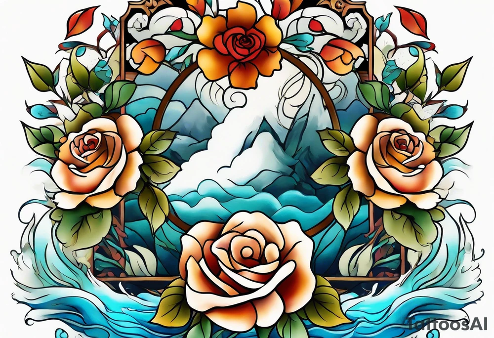 Front knee tattoo with fall colors, small flowers, rose, leaves, blue water flows with washes and background tattoo idea