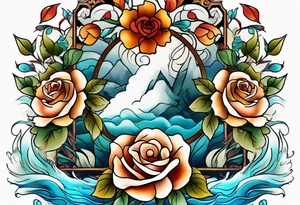 Front knee tattoo with fall colors, small flowers, rose, leaves, blue water flows with washes and background tattoo idea