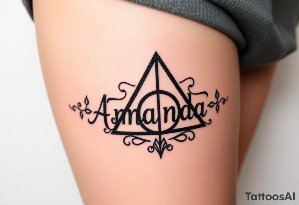 Name Amanda with Harry Potter deathly hallows tattoo idea