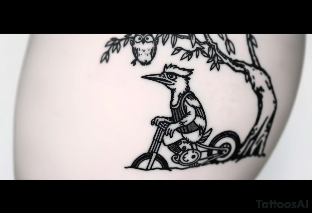 Woody the woodpecker wearing a leather vest that says peckerwoods, on a Harley Davidson under a willow tree, gazing in love at a barn owl tattoo idea
