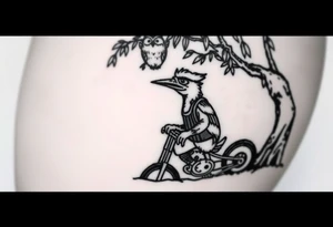 Woody the woodpecker wearing a leather vest that says peckerwoods, on a Harley Davidson under a willow tree, gazing in love at a barn owl tattoo idea