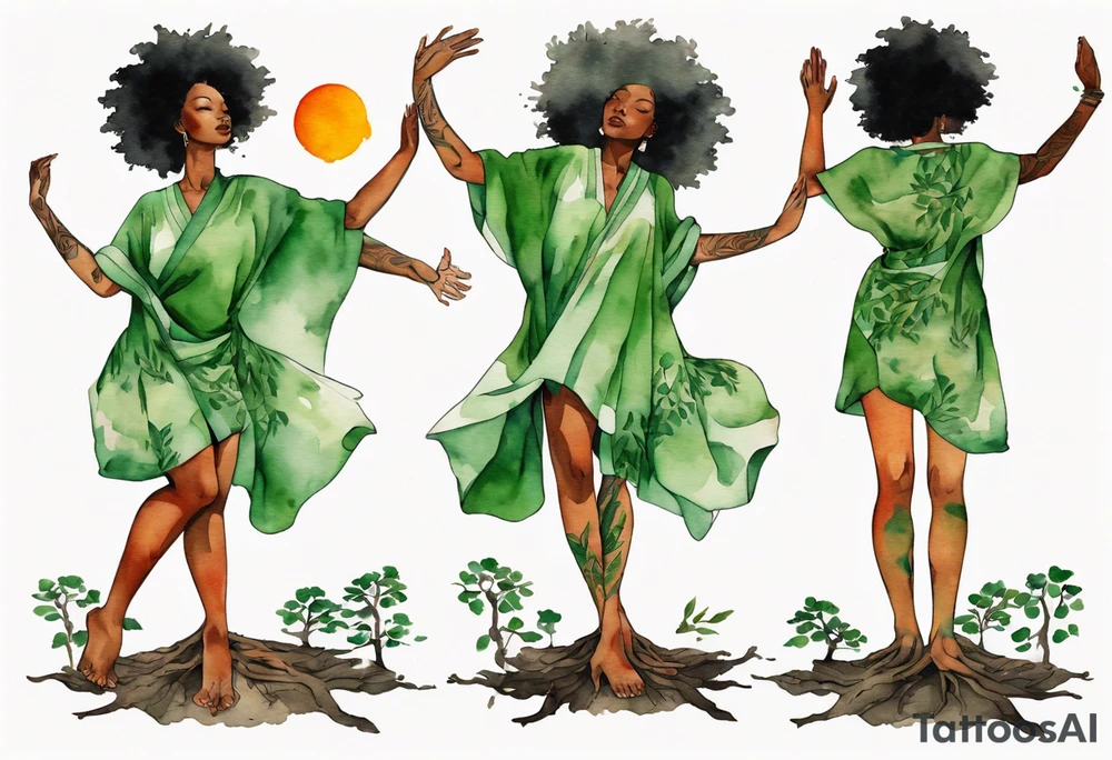 a black woman wearing a green tunic with the lower-half of a tree, her arms raised towards a blazing sun in the sky, with legs made out of tree roots tattoo idea