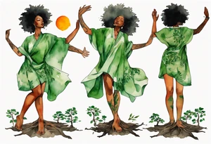 a black woman wearing a green tunic with the lower-half of a tree, her arms raised towards a blazing sun in the sky, with legs made out of tree roots tattoo idea
