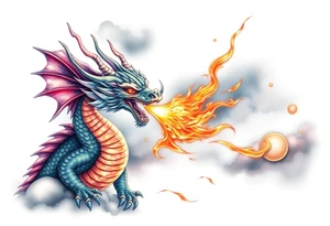 fierce dragon breathing iridescent fire against stormy skies tattoo idea