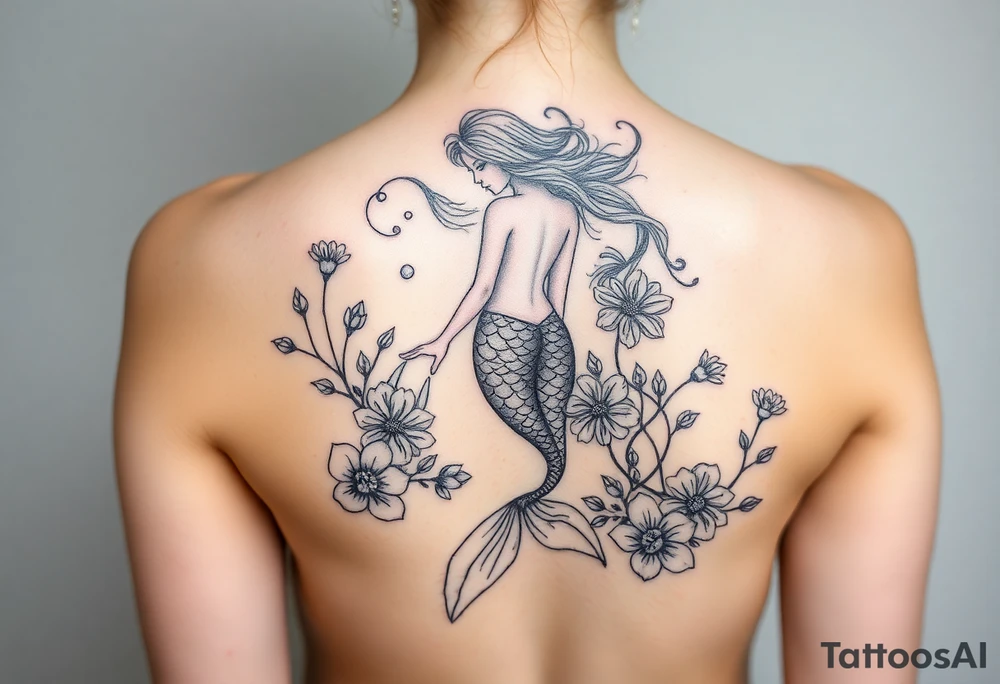 ethereal mermaid with flowing hair among coral and sea flowers tattoo idea