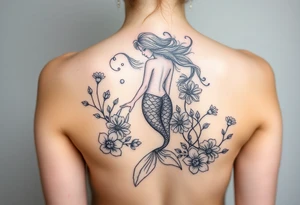 ethereal mermaid with flowing hair among coral and sea flowers tattoo idea
