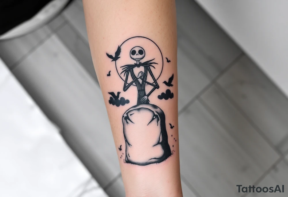 jack skellington sitting on tombstone, birds, clouds tattoo idea