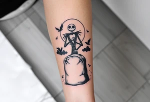 jack skellington sitting on tombstone, birds, clouds tattoo idea