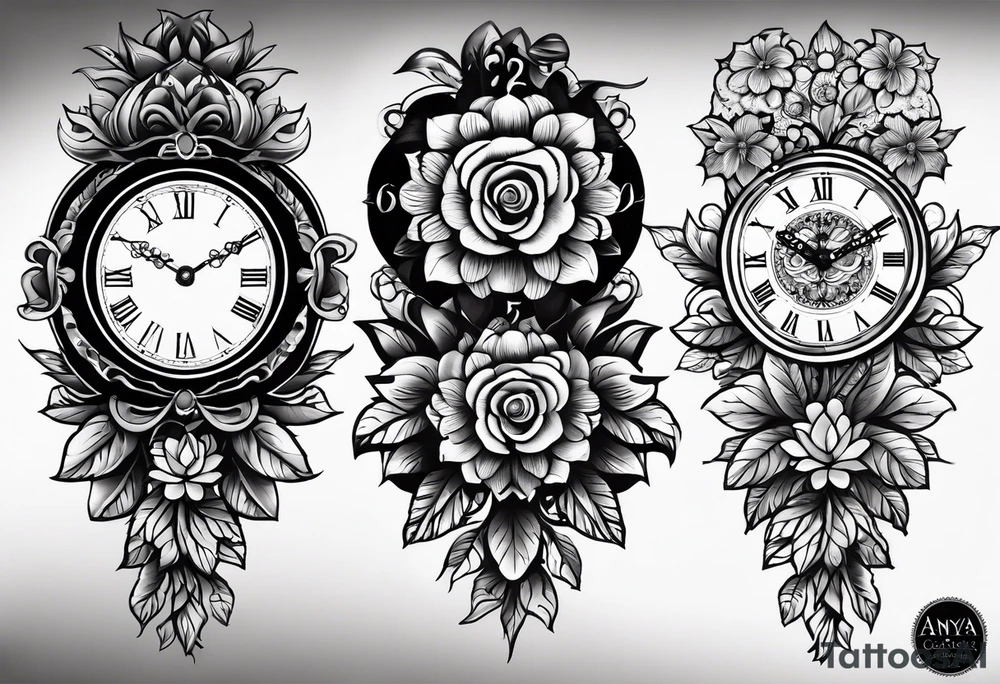 Aniya 6:51pm, Amari 4;57pm, Ameer 5:33am flower clocks teddybears half sleeve children deducation tattoo idea