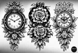 Aniya 6:51pm, Amari 4;57pm, Ameer 5:33am flower clocks teddybears half sleeve children deducation tattoo idea