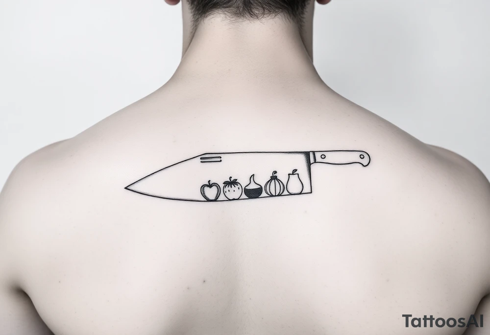 geometric fine line tattoo of a chefs knife with visual representation of the 5 tastes tattoo idea