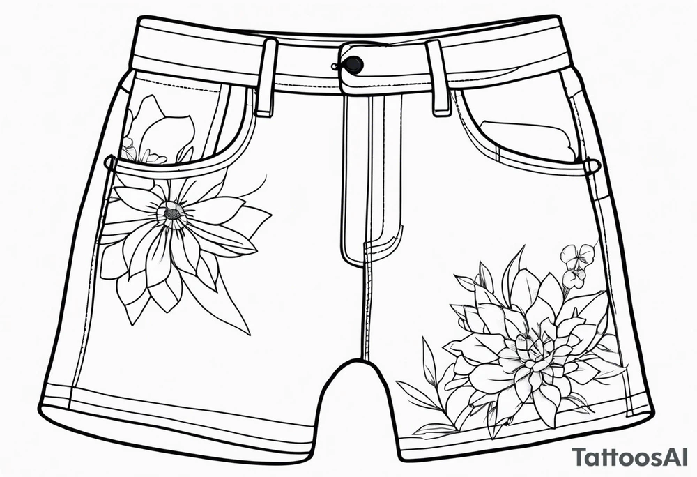 minimalstic outlined overall-shorts with flowers. Thin lines. tattoo idea