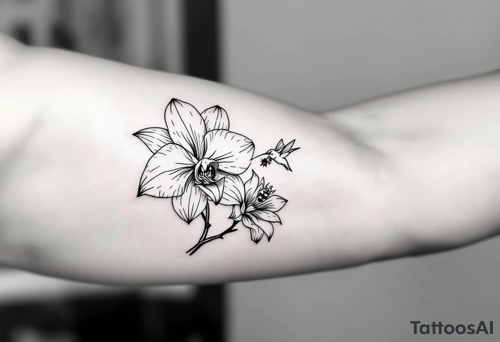A delicate, black and white fine-line tattoo for male, featuring gracefully detailed 2 orchids in full bloom including their stems, with soft, intricate petals and elegant curves. Beside it, a hummingbird hovers mid-flight, its wings drawn with subtle motion lines, its slender beak reaching toward the orchid’s center to drink its nectar. on the other flower there is a bee that is resting tattoo idea