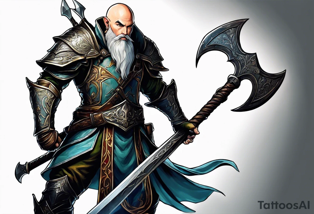 a full-body picture of a 30-year-old, human elf, bearded bald male, paladin, holding a battle axe, tattoo idea
