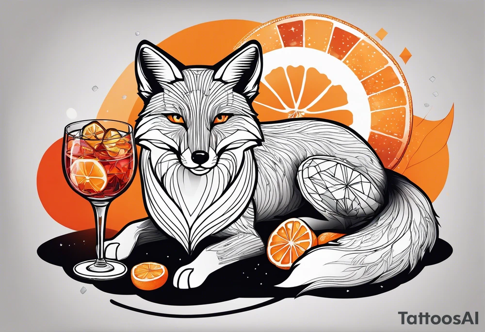 Adult male black and white fox with Negroni in lowball cocktail glass with ice and orange peel with disco background tattoo idea
