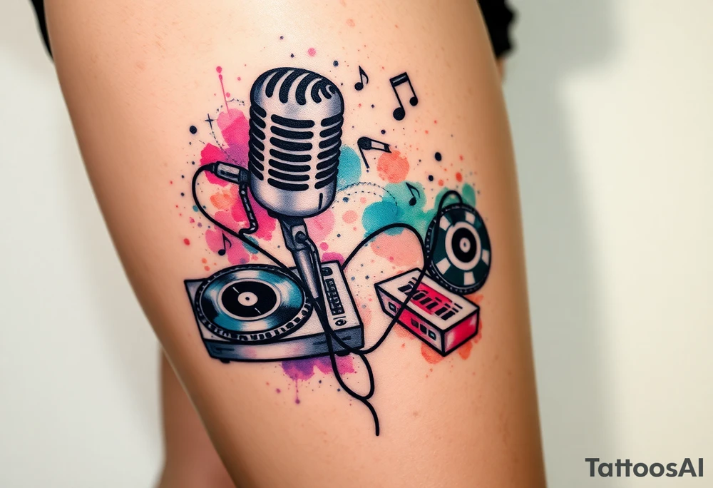 Microphone turntables and music notes graffiti style on a woman's thigh tattoo idea