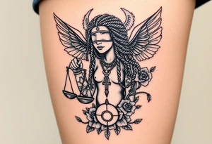 Sylph with dreads wearing blind fold and ankh pendant with tattoos holding weighing scales with the sun and moon rose vines surrounding and Anubis guarding tattoo idea