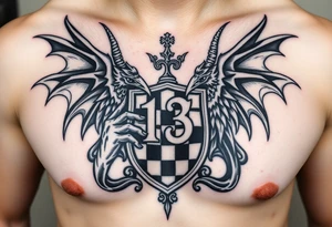 A large, intricate demonic Medieval gestured, family crest, incorporating the number 13 and the Toledo Mud Hens with wispy features very masculine.  For A Chess piece on a man tattoo idea