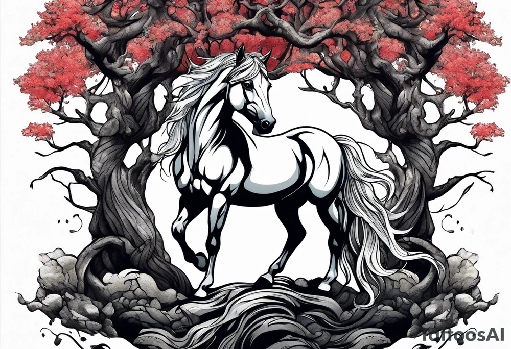 Realistic Horse and Yggdrasil tree tattoo idea