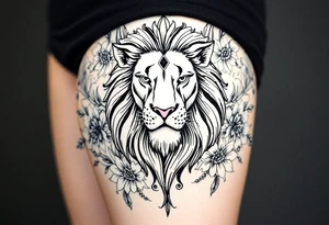 powerful majestic lion with a crown, surrounded by floral ornaments and birds tattoo idea