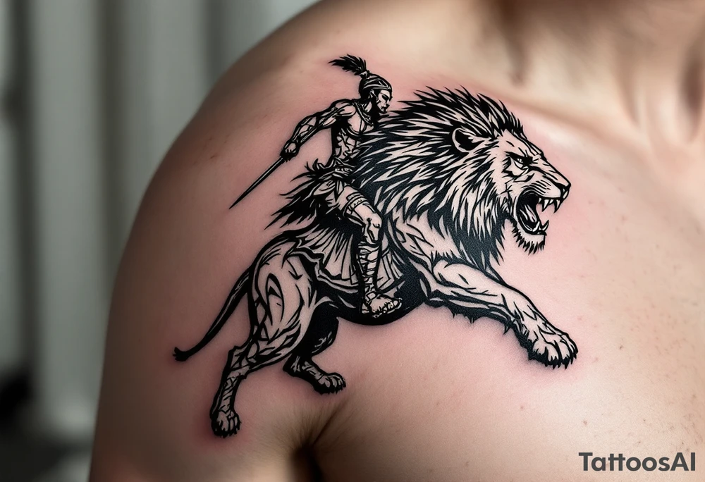 African tribal warrior riding on top of lion into battle tattoo idea