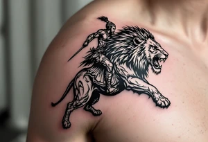 African tribal warrior riding on top of lion into battle tattoo idea