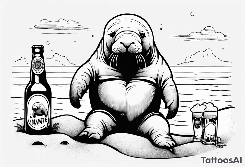 a manatee drinking beer while chilling on the beach tattoo idea