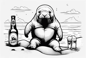 a manatee drinking beer while chilling on the beach tattoo idea