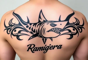 hammer head shark with Rangiroa text on the back tattoo idea