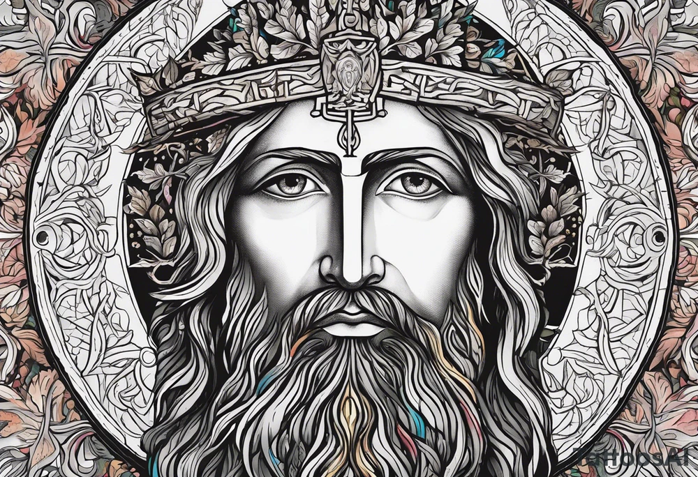 haloed head of a flat stern Byzantine Christ with all-demanding eyes with a tall, prominent, pecan tree with roots tattoo idea