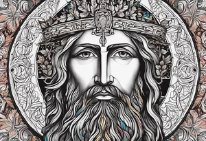 haloed head of a flat stern Byzantine Christ with all-demanding eyes with a tall, prominent, pecan tree with roots tattoo idea