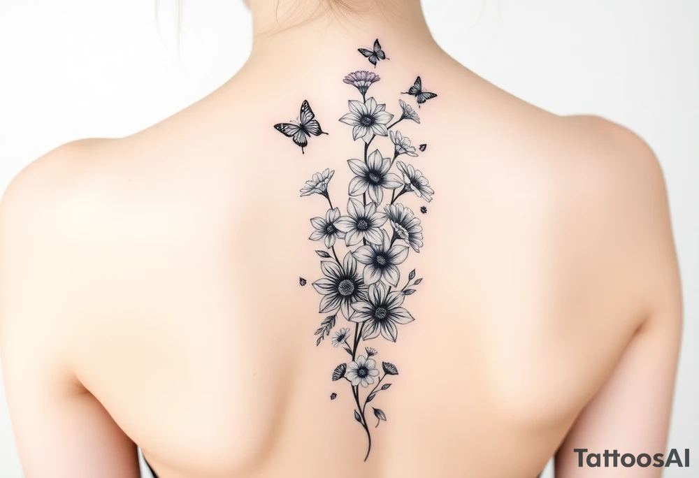 Simple and delicate Delphinium, violet, narcissus, rose, daisy bouquet vertically down the spine not connected with small butterflies tattoo idea