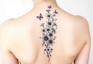 Simple and delicate Delphinium, violet, narcissus, rose, daisy bouquet vertically down the spine not connected with small butterflies tattoo idea