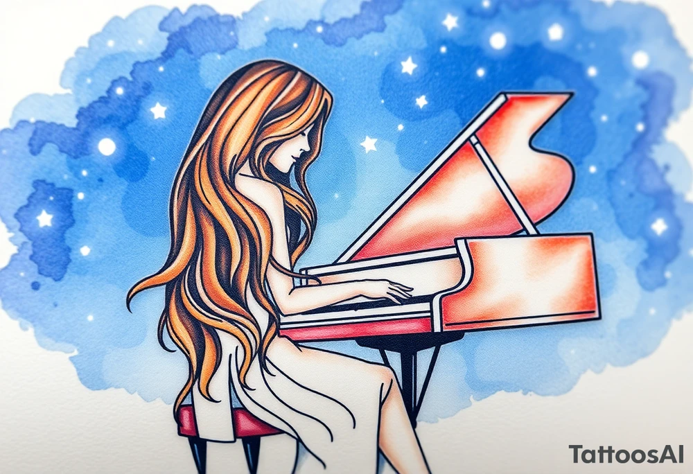 Woman with long wavy brown hair playing a grand piano under the stars swirl tattoo idea