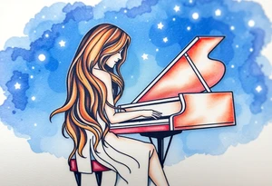 Woman with long wavy brown hair playing a grand piano under the stars swirl tattoo idea