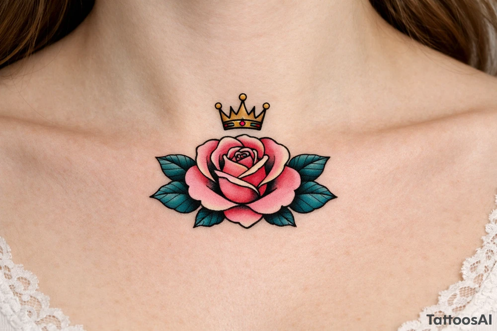 Pink and petrol rose , petrol leaves no stem, minimalist crown above it tattoo idea