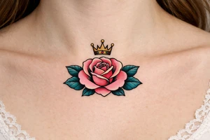 Pink and petrol rose , petrol leaves no stem, minimalist crown above it tattoo idea