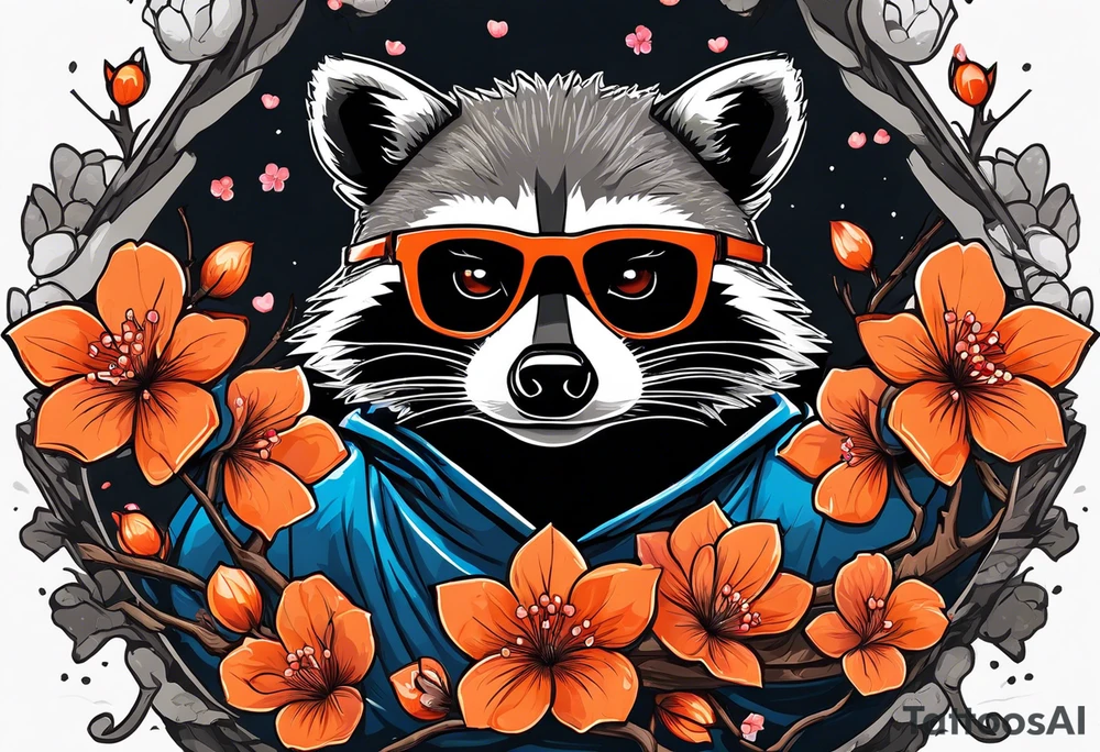 Raccoon wearing a white Superman logo on a black hoodie and orange Japanese cherry blossoms beside tattoo idea