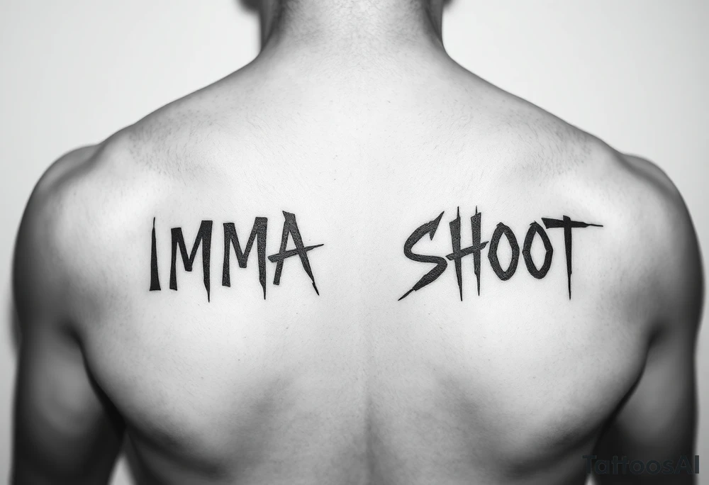 the word ‘IMMA’ and the word ‘SHOOT’ under each collar bone on chest in a font that looks like spray paint tattoo idea