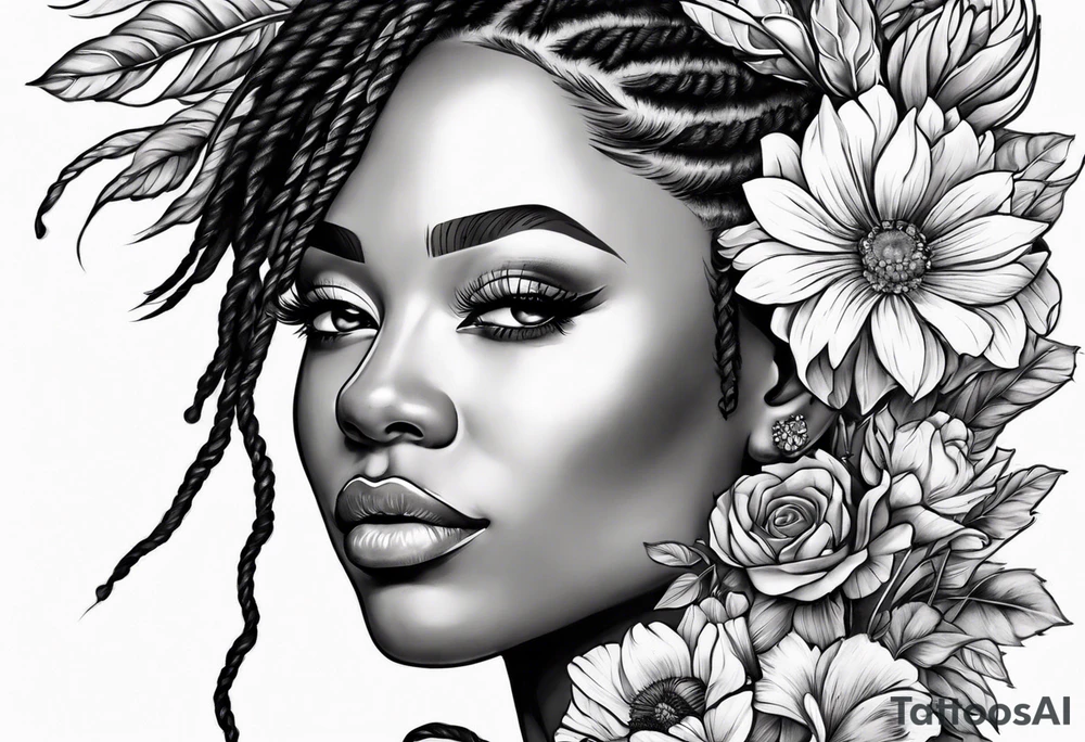 Woman with locs and flowers tattoo idea