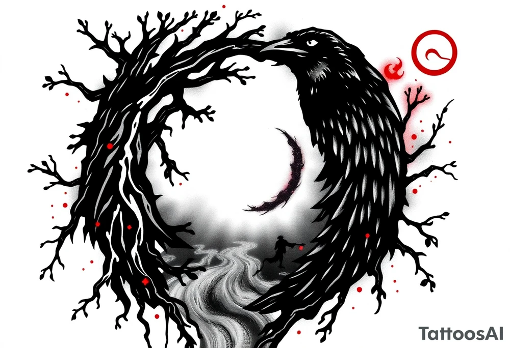 Tattoo design combining a black spiral, nature elements like roots, vines, fog, and flowing water, mythological symbols like Norse runes, a raven, and a shadowy wolf spirit. Include anime elements from Naruto and One Piece: Sharingan eye, chakra flames, Itachi silhouette, Kurama, Luffy in Gear 5, and Zoro’s swords. Style should be black and grey with red highlights, mystical, powerful, and artistic – blending nature, mythology, and anime tattoo idea