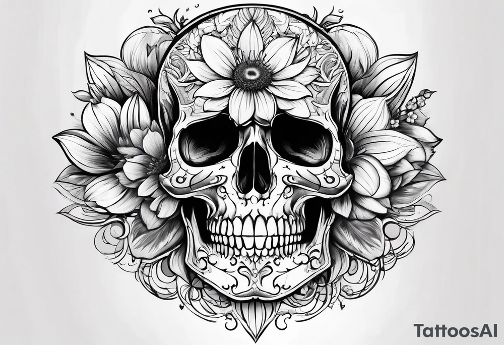 skull and aster flower tattoo idea